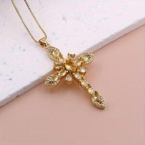 Yellow & Gold Crystal Cross Pendant Necklace Christian Faith Jewelry Women Gift